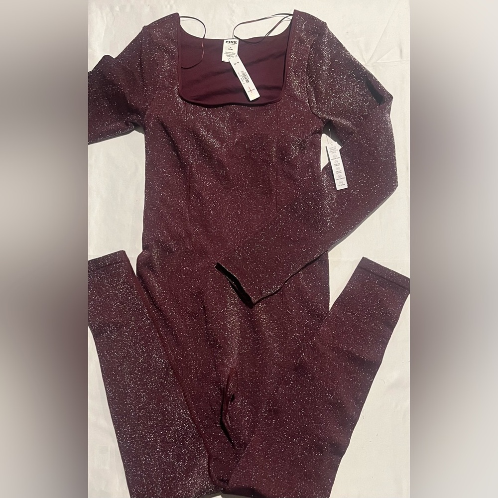 Victoria's Secret Pink size(M)Long Sleeve Square Neck Bodysuit Wine Red Shimmer